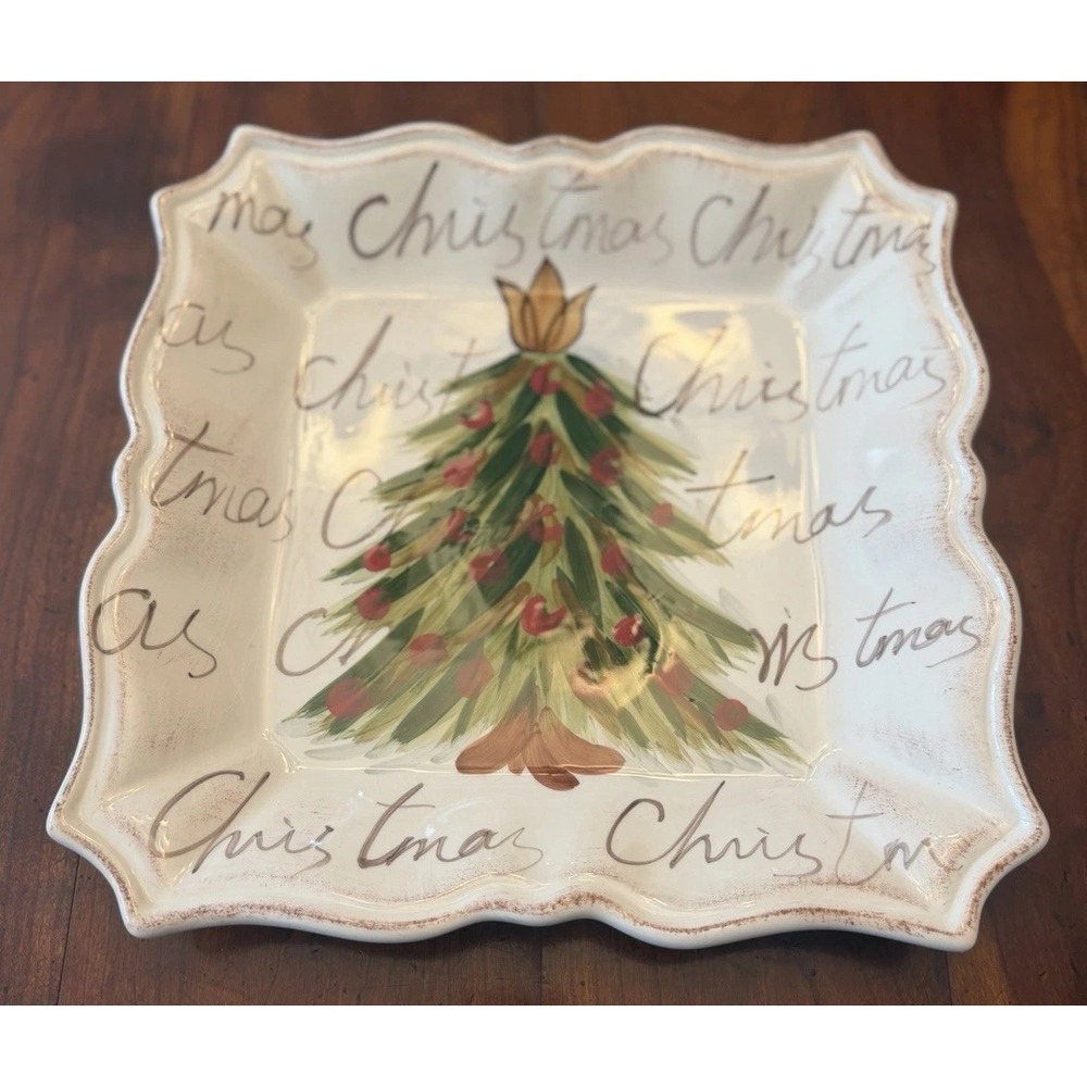 Linens N Things Christmas Tree Square Plate Hand Painted Dishwasher Safe